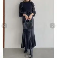 ダズリン　バイカラープリーツニットワンピース フリル リボン 黒 フリー