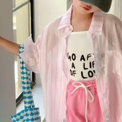 新品未使用♡ストライプ柄シアーシャツ【ピンク】110サイズ