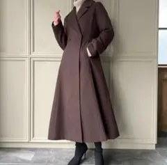 【JUNOAH】フレアシルエットロングチェスターコート　ダークブラウン