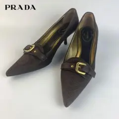 PRADA 23.0~23.5 パンプス ゴールド金具 刺繍ブラウン/ZA155