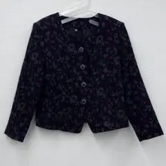 ノーブランド花柄ジャケット ノーカラー アートボタン 総柄 ブラック 13