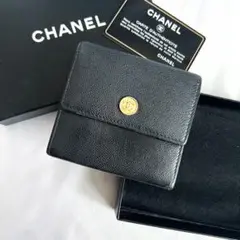 極美品 シャネル 三つ折り財布 ココマーク ヴィンテージ レザー ブラック