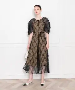 LEJA】パフスリーブウエストリボン総レースロング結婚式 パーティードレス