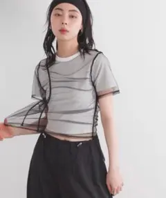 シャーリングチュールレイヤードTシャツ レディース