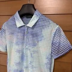 美品サイズ44/CHERVO/デジタル千鳥柄/快適ストレッチ/半袖 DRYシャツ