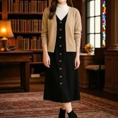 【新品未使用品】秋も◎Aunt Marie’s 麻混黒ジャンスカ ロング 重ね着