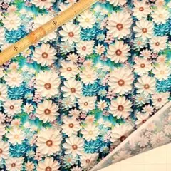 D43　3D立体プリント生地 花柄 白花背景水色 ポリコットン ハギレ 輸入生地