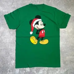 Disney　ミッキーマウス サンタ帽　半袖　 Tシャツ　グリーン　緑　M