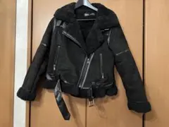ZARA 黒 Lサイズ ボア フェイクムートン ダブルライダース ジャケット