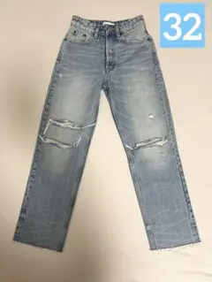 試着のみ ZARA ザラ ライトブルーダメージストレートデニム 32