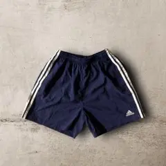 USA古着90s adidasナイロンショーツ刺繍ロゴスリーストライプスネイビー