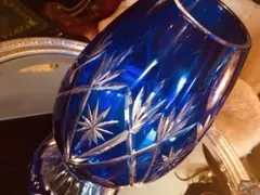 Åアンティーク 高級HOYA 江戸切子 伝統工芸 藍被せ切子 大花瓶 (記念品)