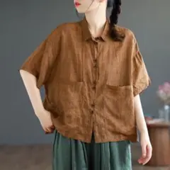 【美品】ゆったりシルエット　オーバーシャツ　ブラウン　Sサイズ　a473