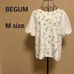 【BEGUM】花柄半袖トップス/チュニック/パフスリーブ/ホワイト/イエロー
