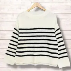 【ロゴスデイズ】ざっくり編みボーダー柄ニット　セーター　Mサイズ　オフホワイト黒