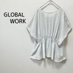 【グローバルワーク】半袖ブラウス ストライプ切り替え M 白 ドルマンスリーブ