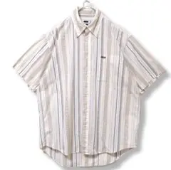 【FILA】　半袖　シャツ　オフホワイト　白　メンズ　古着　ストライプ　M