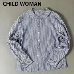 【美品】CHILD WOMAN blouse 丸襟ブラウス ストライプ　ブルー