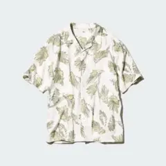 UNIQLOプリントオープンカラー半袖シャツ アイボリー色×葉柄グリーン系 XL