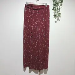 【グラシア】花柄プリーツガウチョパンツ バーガンディ　Lサイズ　ベルト紐付き