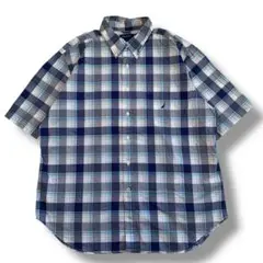 F515　【即購入OK】　NAUTICA　半袖チェックシャツ　2XL　ブルー