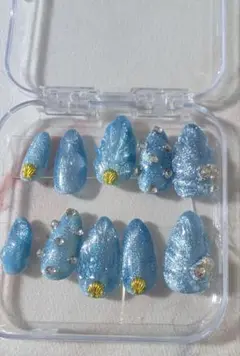 青色ラメネイルチップ 5サイズ