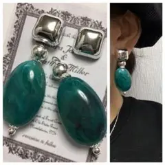 985 2way☺︎シルバーのスクエアカボションピアス×ターコイズグリーン☺︎