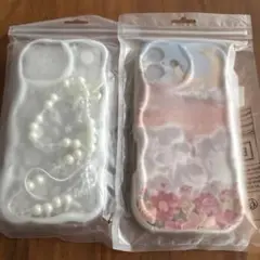 iPhone16 plus用ケース パールビーズ付きと花柄デザイン 2点セット