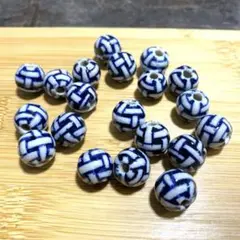 陶器ビーズ とんぼ玉 青絵 染付 模様入りビーズ 約13mm 20個セット g6