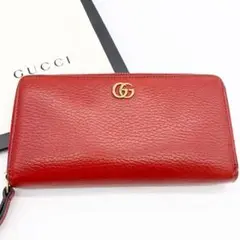 【美品】グッチ GGマーモント ラウンド レッド 長財布 シボ革 ユニセックス