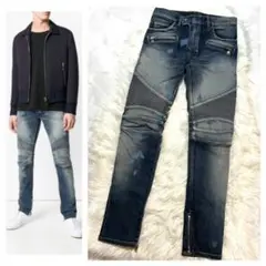 本物 美品 バルマンオム ペイント加工 裾サイドZIP バイカー デニムパンツ