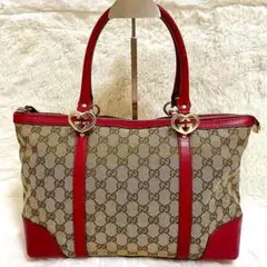 【希少】GUCCI トートバッグ GGキャンバス ラブリー ハート レザーワイン