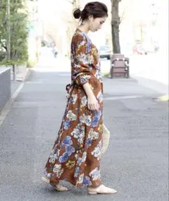 Bou Jeloud 花柄 マキシ丈ロングシャツワンピース リボン フレア