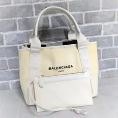 バレンシアガ 美品! ネイビーカバ ホワイト キャンバス トート ハンドバッグ