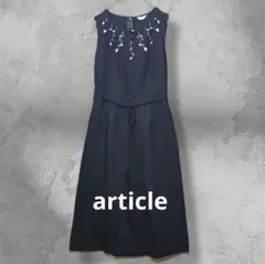 美品【article】 麻混合ネイビー刺繍ワンピース 11AR