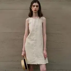 上品なフレンチリネンのオールドマネー ノースリーブミニワンピース ベージュ