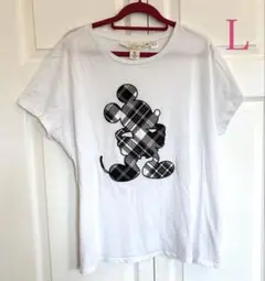 ☆H&M ミッキーマウス チェック柄 Tシャツ ☆半袖Ｔシャツ☆L☆ホワイト