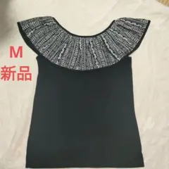 フラダンス　模様フリル付き黒トップスTシャツ M