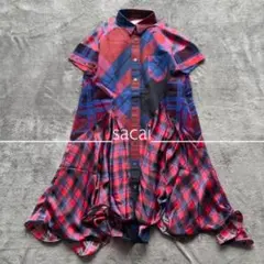 【美品】sacai サカイ 変形 フレア チェック シャツ レッド 2018SS