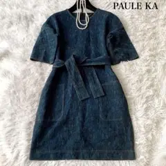PAULE KA デニム膝丈ワンピース ベルテット ウエストリボン 七分袖