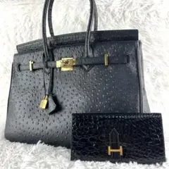 【美品】ハンドバッグ 長財布付き ゴールド金具 レザー型押し ブラック