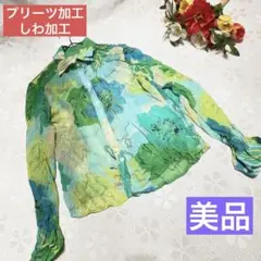 美品 花柄シースルーシャツ トップス しわ加工 プリーツ加工 透かし