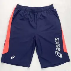 美品 アシックス 速乾 ナイロン ハーフパンツ ネイビー × オレンジ 2XL