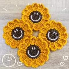 ひまわりニコちゃん 花 ドイリー アクリルたわし コースター 4枚セット