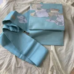 正絹　夏帯　名古屋帯　絽　水色系　リメイクに