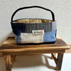 パッチワーク　デニムリメイク　布バスケット　小物入れ