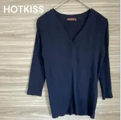 HOTKISS 【M】ネイビー Vネック 五分袖 トップス　綿混　シンプル
