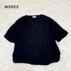 ロージー リネン混 ノーカラー 半袖 シャツ ブラック ポケット付き □