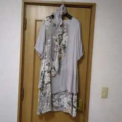 kikuchi 花柄 半袖カットソーワンピース グレー M-L ストール付き