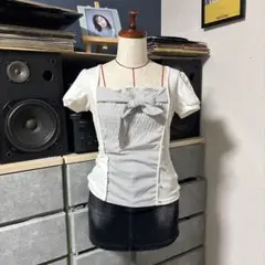 ストライプリボン付き半袖トップス オフィスカジュアル